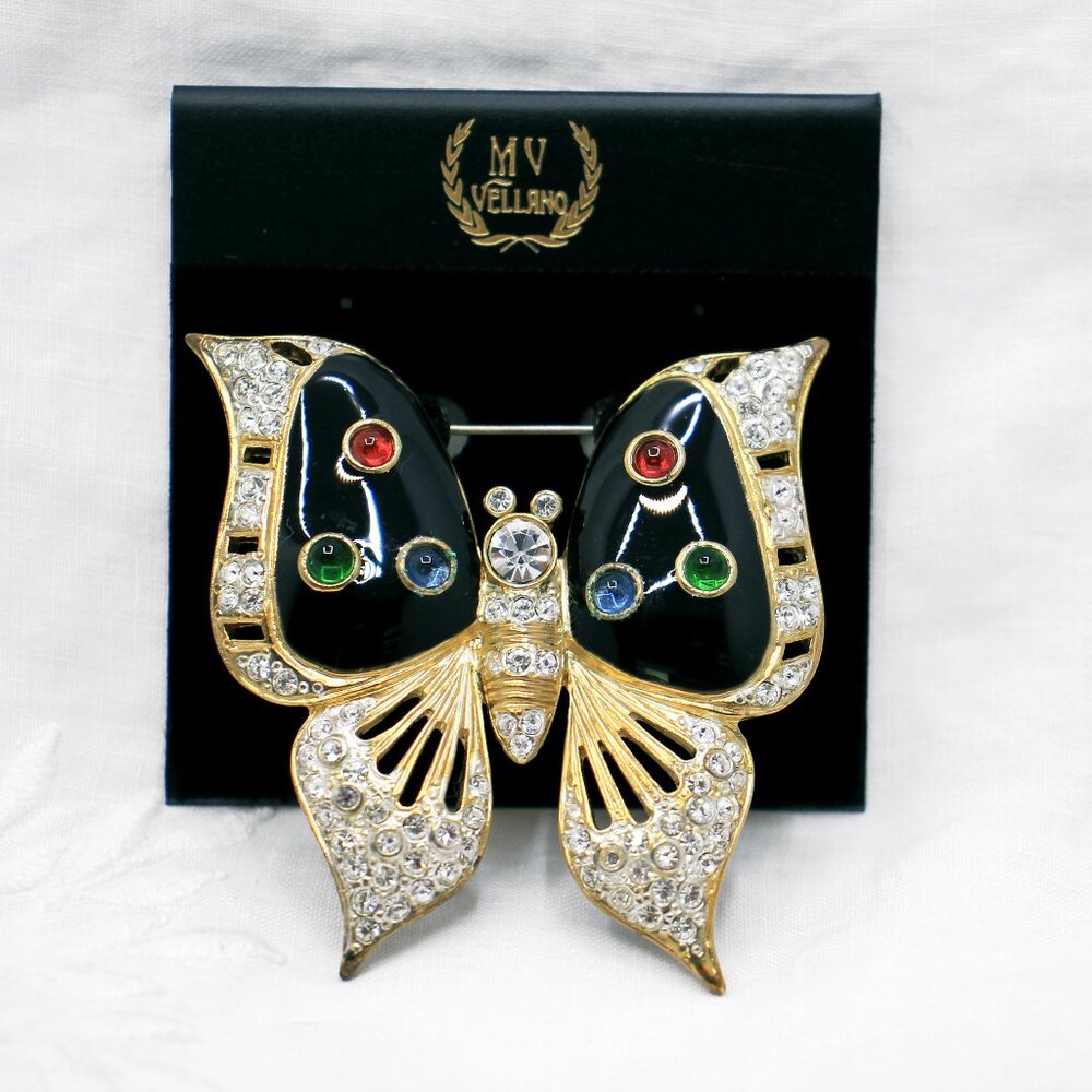 Vintage Rhinestone Butterfly Brooch, MV Vellano Collectible New Old Stock